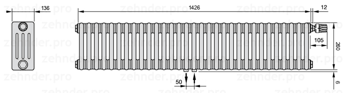 Схема (чертеж) Радиатор Zehnder Charleston 4026/31 №V008 Белый глянцевый RAL 9016